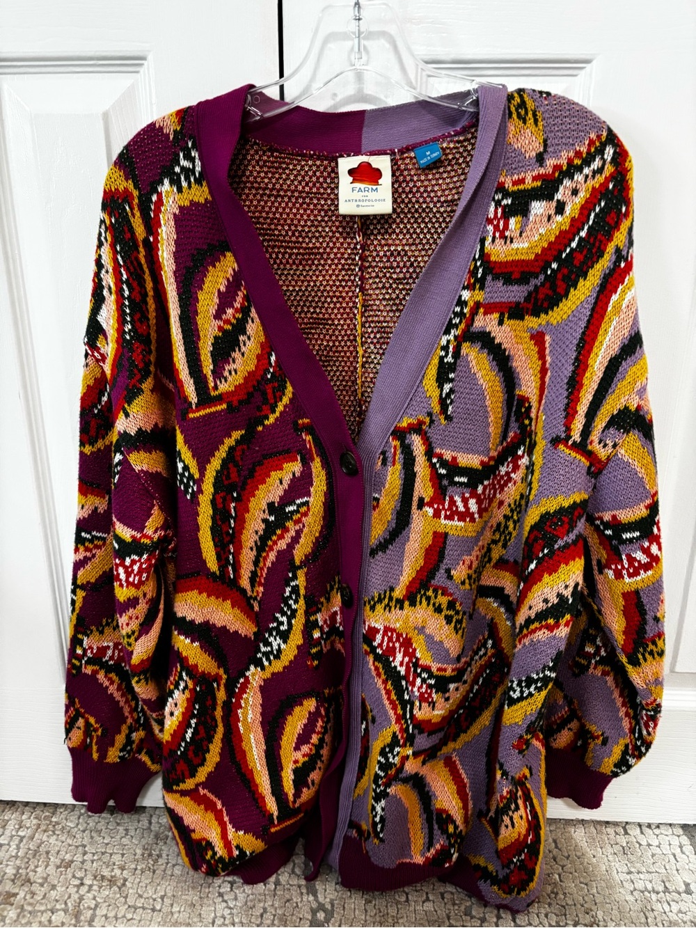 Farm Rio Purple Multicolor Abstract Knit Cardigan Womens size M